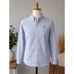 Stafford Travel Mens Regular Fit Blue White Plaid Oxford Shirt 16.5 32-33 L